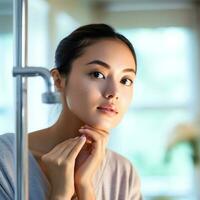 attrayant fraîcheur asiatique femme nettoyer visage Frais l'eau avec se soucier Regardez à miroir dans salle de bains Accueil concept par ai généré photo