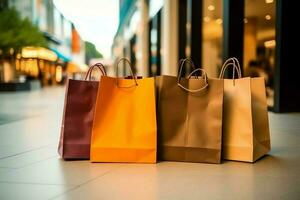 une ensemble de coloré achats Sacs avec poignées. papier achats Sacs proche en haut. achats journées concept par ai généré photo