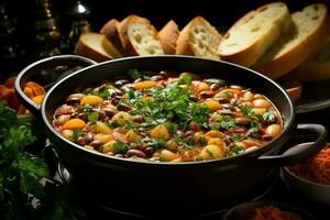 une délicieux soupe de légumes avec pâtes soupe nourriture dans une bol. italien nourriture et en bonne santé protéine soupe repas concept par ai généré photo