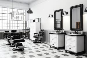 moderne salon de coiffure intérieur avec miroirs chaise et autre équipement près les fenêtres. chaises dans salon de coiffure concept par ai généré photo