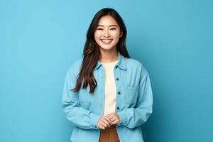 magnifique asiatique femme dans décontractée avec sourire joyeux. studio coup asiatique femme permanent main geste concept par ai généré photo