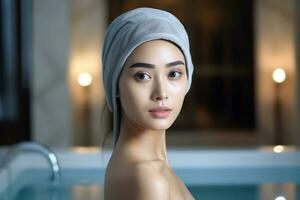 attrayant fraîcheur asiatique femme nettoyer visage Frais l'eau avec se soucier Regardez à miroir dans salle de bains Accueil concept par ai généré photo