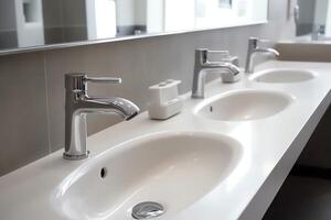 moderne Publique salle de bains avec rangée de blanc céramique laver évier bassins et robinet avec miroir dans salle de repos concept par ai généré photo