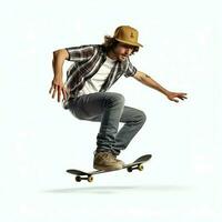 une caucasien homme Faire des trucs ou sauter sur une planche à roulette à le rue. Jeune homme avec patineur sauter concept par ai généré photo