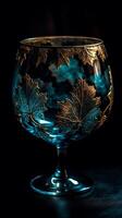 une agréable du vin verre avec or feuilles sur il dans le style de foncé noir et cyan ai généré photo