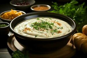 une délicieux poulet soupe nourriture avec des légumes dans une bol. hiver nourriture et haute protéine soupe repas concept par ai généré photo