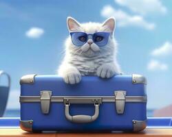 mignonne chat sur bleu valise avec des lunettes de soleil. ai génératif photo