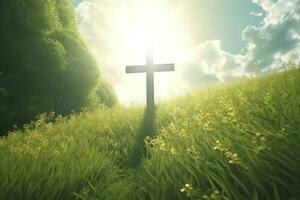 le traverser de Dieu avec vert feuille, dans le des rayons de le Soleil et bleu ciel. traverser sur le colline avec vert des arbres et vert Naturel voir. religieux concept, ai génératif photo