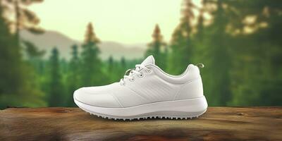 blanc Vide des sports des chaussures maquette avec Naturel thème Contexte. ai génératif photo