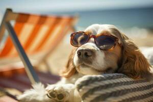 chien chiot portant des lunettes de soleil, mensonge sur une transat à bain de soleil à le plage mer sur été vacances, vacances. marrant concept. ai génératif photo