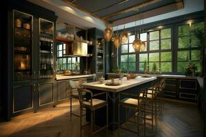 moderne cuisine intérieur conception dans appartement ou maison avec meubles. luxe cuisine Accueil scandinave concept par ai généré photo