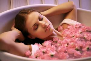 une femme mensonge dans une baignoire rempli avec pétales, principalement rose fleurs. photo