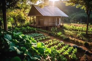 en bois maison dans village avec les plantes et fleurs dans arrière-cour jardin. jardin et fleur sur rural maison concept par ai généré photo