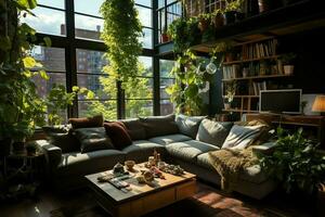 jardin ou géant plante envahissant de appartement à l'intérieur. style de vivant pièce conception avec vert concept de mur par ai généré photo