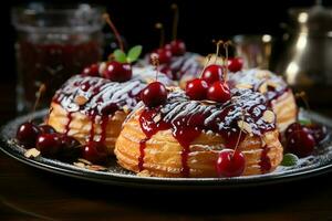 fait maison de délicieux Pâtisserie ou Crêpes avec fruit danois et cerise. danois Pâtisserie et dessert concept par ai généré photo