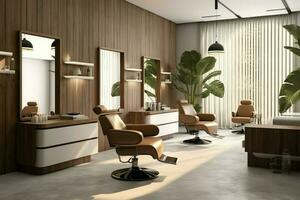 moderne salon de coiffure intérieur avec miroirs chaise et autre équipement près les fenêtres. chaises dans salon de coiffure concept par ai généré photo