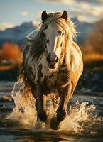 une sauvage cheval fonctionnement dans le ruisseau. sauvage ou ferme animaux concept par ai généré photo