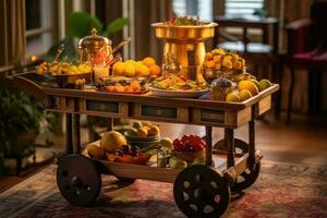 une riches afficher de des fruits, desserts, et boules sur une en bois Chariot - Royal tribunal nourriture un service photo