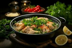 une délicieux poulet soupe nourriture avec des légumes dans une bol. hiver nourriture et haute protéine soupe repas concept par ai généré photo