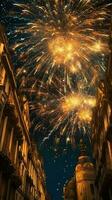 magnifique feu d'artifice spectacle avec paysage urbain à nuit pour fête content Nouveau an. feu d'artifice afficher concept par ai généré photo