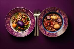 violet assiettes avec une variété de nourriture articles photo