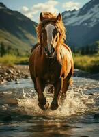 une sauvage cheval fonctionnement dans le ruisseau. sauvage ou ferme animaux concept par ai généré photo