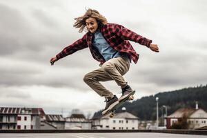 une caucasien homme Faire des trucs ou sauter sur une planche à roulette à le rue. Jeune homme avec patineur sauter concept par ai généré photo