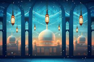 eid mubarak et Ramadan kareem salutations avec islamique lanterne et mosquée. eid Al fitr Contexte. eid Al fitr Contexte de fenêtre concept par ai généré photo