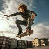 une caucasien homme Faire des trucs ou sauter sur une planche à roulette à le rue. Jeune homme avec patineur sauter concept par ai généré photo