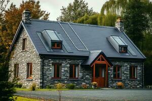 une moderne privé maison est couvert avec métal carrelage toiture ou gris ardoise toit. ancien incurvé Cadre concept par ai généré photo