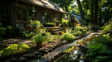 en bois maison dans village avec les plantes et fleurs dans arrière-cour jardin. jardin et fleur sur rural maison concept par ai généré photo