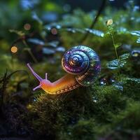 iridescent escargot dans une Fée forêt, proche en haut de une chatoyant coquille. ai génératif photo