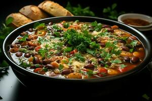 une délicieux soupe de légumes avec pâtes soupe nourriture dans une bol. italien nourriture et en bonne santé protéine soupe repas concept par ai généré photo