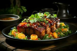 une délicieux croustillant porc ventre fantaisie sur plaque. restaurant nourriture et asiatique cuisine concept par ai généré photo