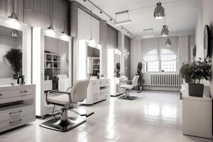 moderne salon de coiffure intérieur avec miroirs chaise et autre équipement près les fenêtres. chaises dans salon de coiffure concept par ai généré photo