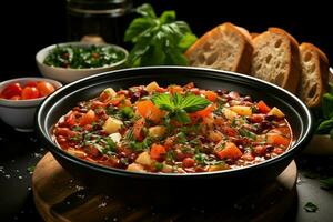 une délicieux soupe de légumes avec pâtes soupe nourriture dans une bol. italien nourriture et en bonne santé protéine soupe repas concept par ai généré photo