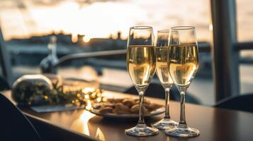 luxe soir fête sur une croisière yacht avec une Champagne paramètre. Champagne des lunettes et bouteilles avec Champagne avec bokeh yacht dans le arrière-plan, personne. ai génératif photo