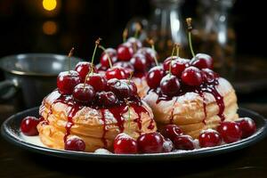 fait maison de délicieux Pâtisserie ou Crêpes avec fruit danois et cerise. danois Pâtisserie et dessert concept par ai généré photo