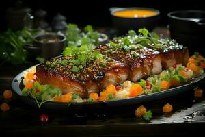 une délicieux croustillant porc ventre fantaisie sur plaque. restaurant nourriture et asiatique cuisine concept par ai généré photo