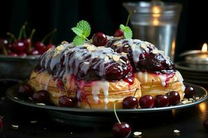 fait maison de délicieux Pâtisserie ou Crêpes avec fruit danois et cerise. danois Pâtisserie et dessert concept par ai généré photo