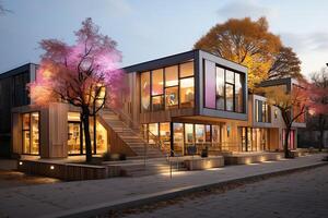 vue de de bonne heure enfance apprentissage bâtiment. conception avec moderne extérieur fabriqué de bois et une plat toit concept par ai généré photo