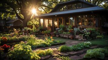 en bois maison dans village avec les plantes et fleurs dans arrière-cour jardin. jardin et fleur sur rural maison concept par ai généré photo