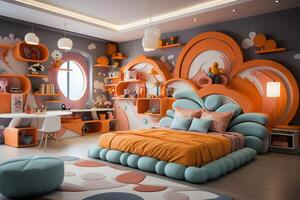 moderne enfant chambre intérieur conception dans maison avec décoration les enfants. coloré les enfants chambre photo