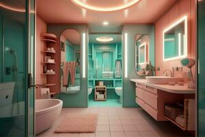 intérieur conception de une agréable moderne salle de bains. 3d le rendu moderne toilette ou salle de bains dans Hôtel ou maison concept par ai généré photo