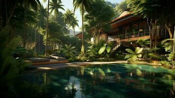 thaïlandais balinais luxe villa avec infini nager bassin. une tropical jardin dans Ubud bali Indonésie concept par ai généré photo