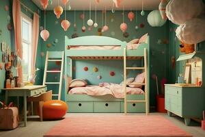 moderne enfant chambre intérieur conception dans maison avec décoration les enfants. coloré les enfants chambre concept par ai généré photo