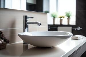 moderne Publique salle de bains avec rangée de blanc céramique laver évier bassins et robinet avec miroir dans salle de repos concept par ai généré photo