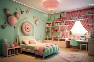 moderne enfant chambre intérieur conception dans maison avec décoration les enfants. coloré les enfants chambre concept par ai généré photo