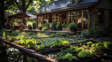 en bois maison dans village avec les plantes et fleurs dans arrière-cour jardin. jardin et fleur sur rural maison concept par ai généré photo