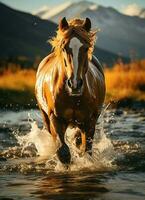 une sauvage cheval fonctionnement dans le ruisseau. sauvage ou ferme animaux concept par ai généré photo